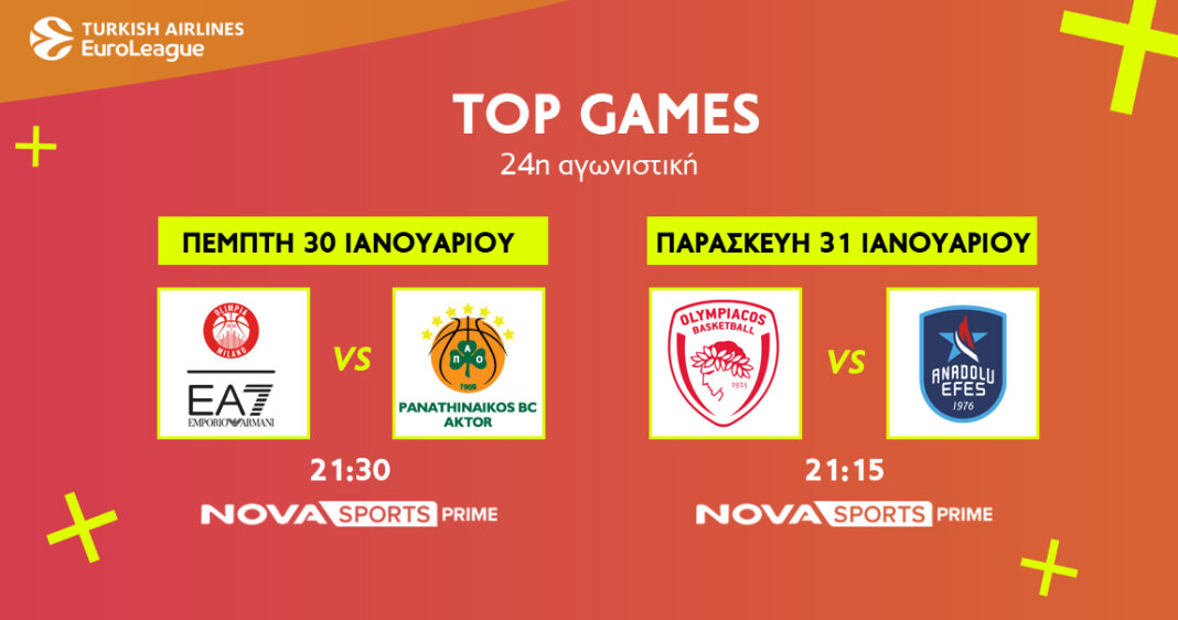 EuroLeague: Αρμάνι Μιλάνο – Παναθηναϊκός AKTOR & Ολυμπιακός – Αναντολού Εφές στο παρκέ του Novasports